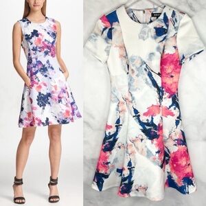 DKNY Floral High Neck Scuba Fit & Flare Short Sleeved Knee Length Midi Dress 2
